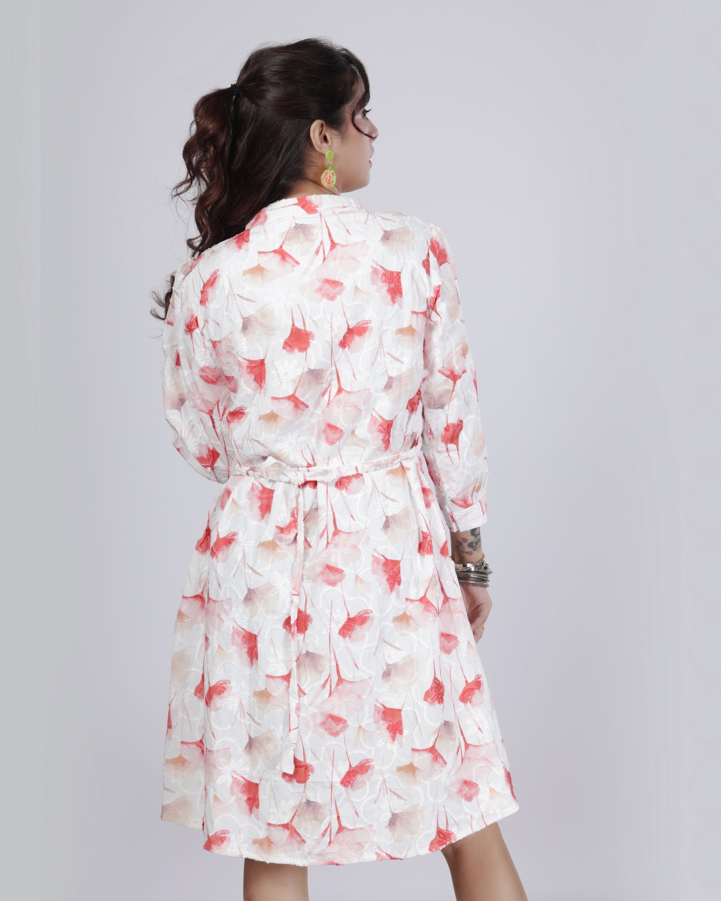 Floral Print Button-Down A-Line Dress with Belt