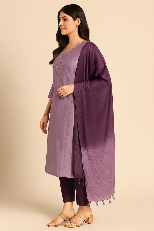 Graceful Lavender & Plum Embroidered Cotton Kurta Set with Dupatta