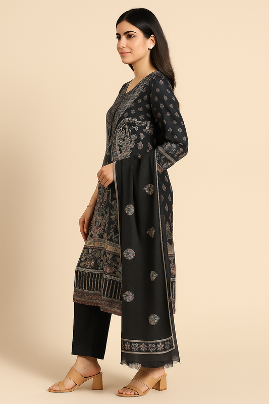 Elegant Black Printed Cotton Kurta Set with Dupatta