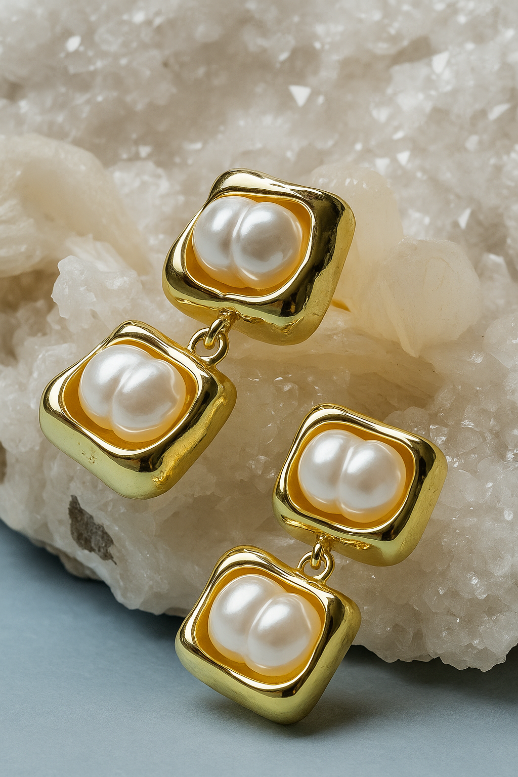 Gold Square Pearl Drop Earrings