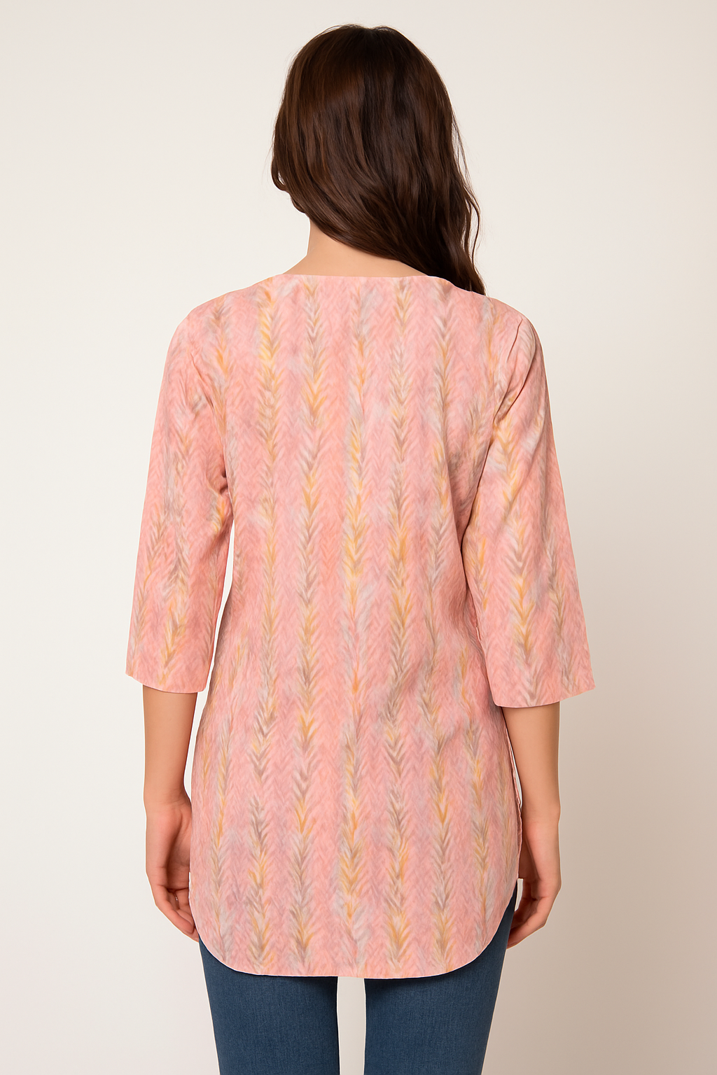 Peach Herringbone Print Cotton Tunic for Women | Lightweight Casual Top