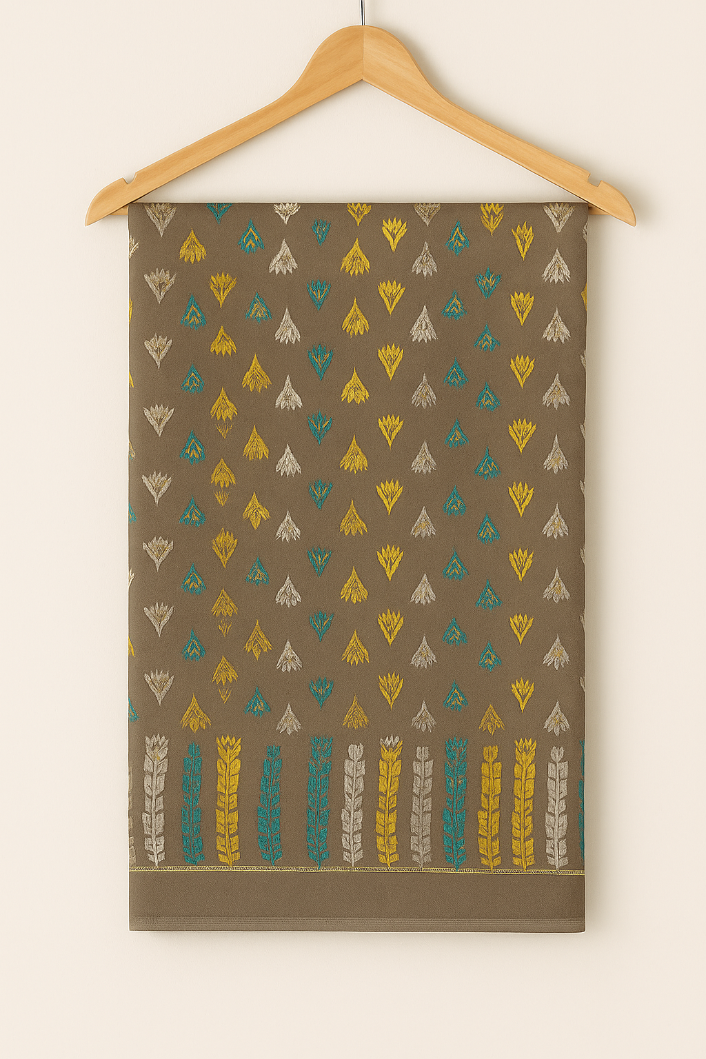 Elegant Grey Linen Saree with Teal and Yellow Floral Design