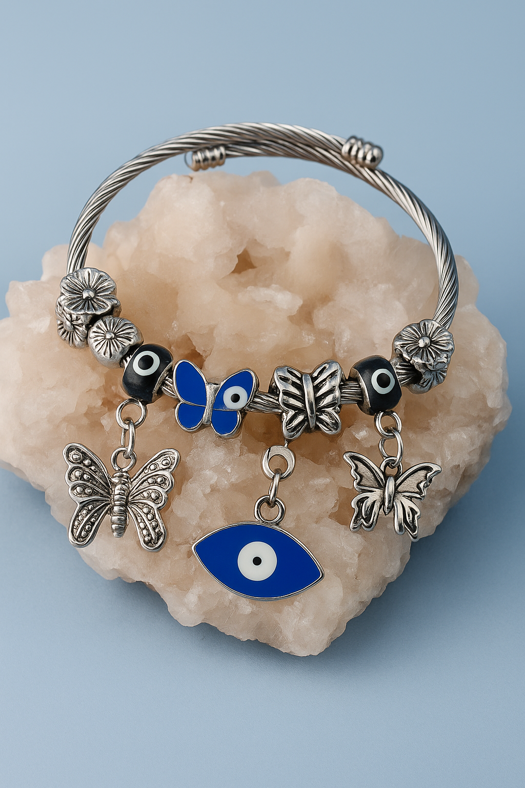 Butterfly & Evil Eye Charm Bangle Bracelet