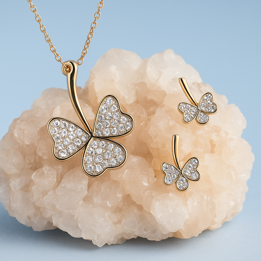 Four-Leaf Clover Necklace & Earrings Set – Sparkling Crystal Jewelry Set for Women