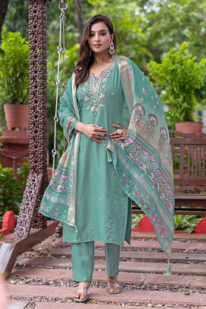 Elegant Pastel Green Embroidered Suit Set with Dupatta