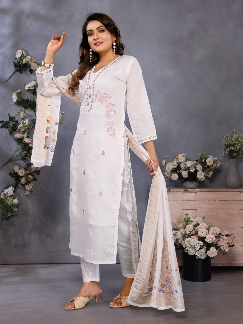 white embroidered straight salwar suit