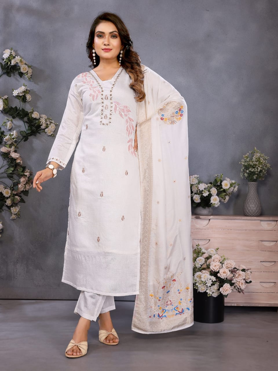 white embroidered straight salwar suit