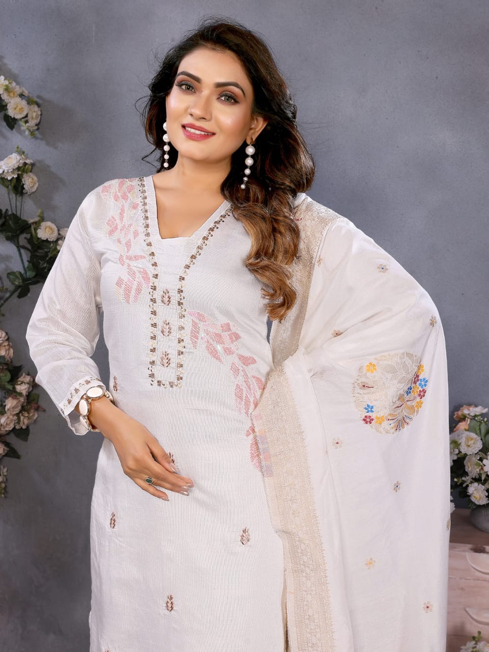 white embroidered straight salwar suit