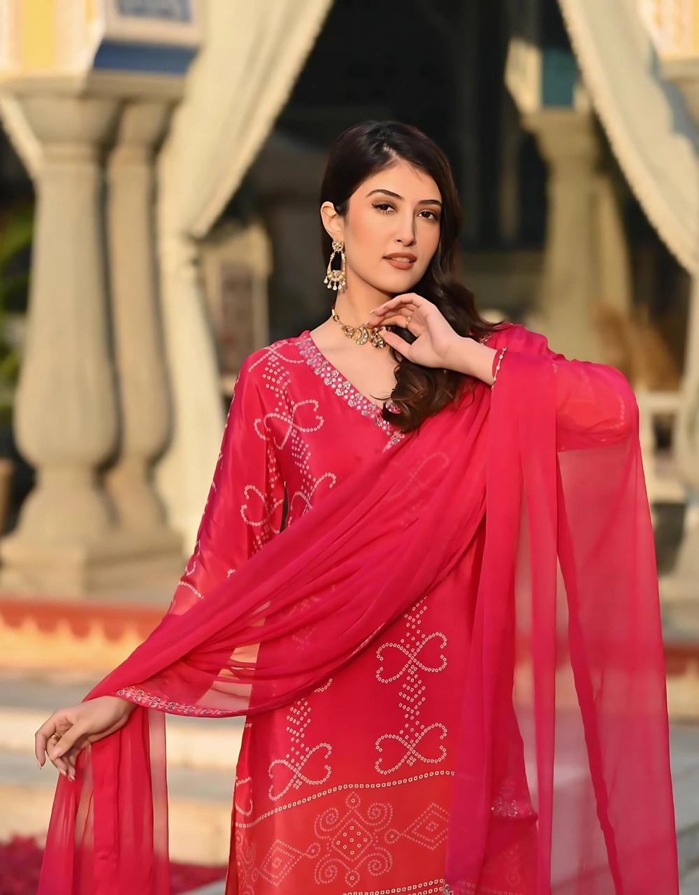 Red Bandhani print suit set with dupatta