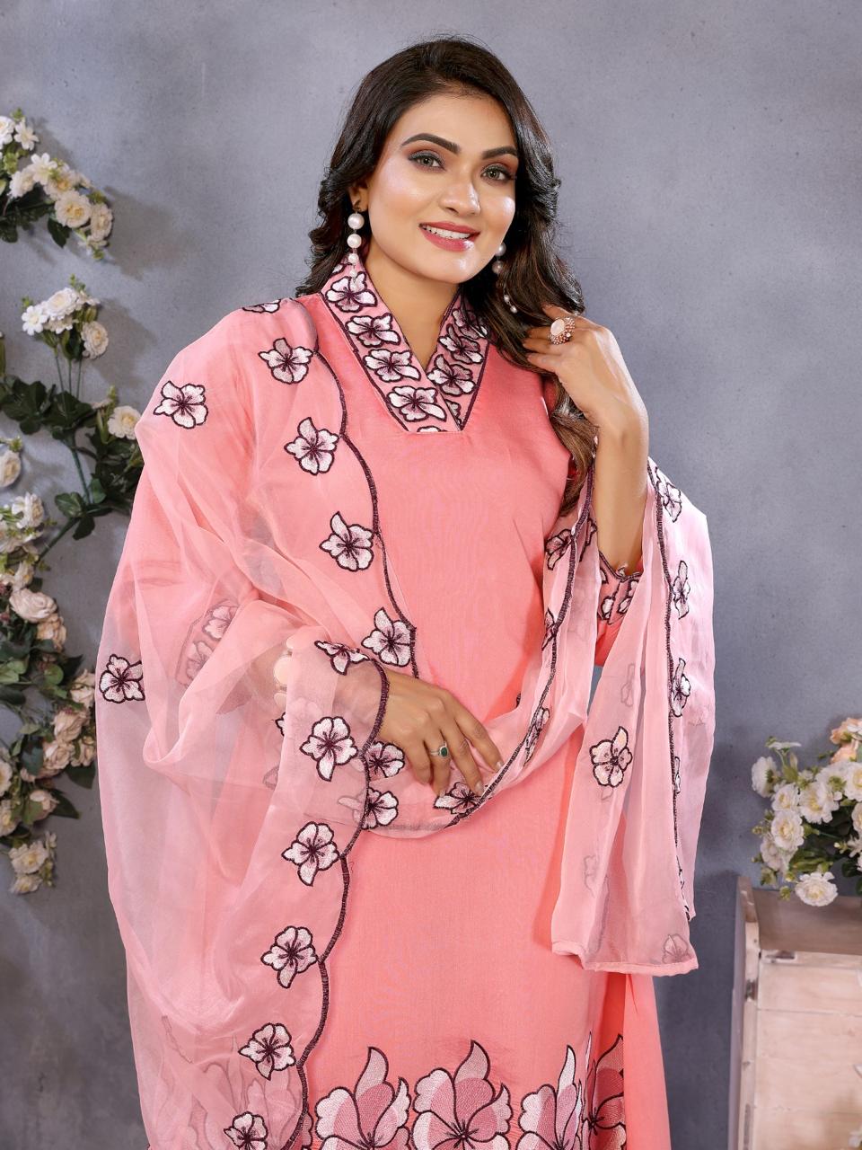 Peach floral embroidered suit set with dupatta
