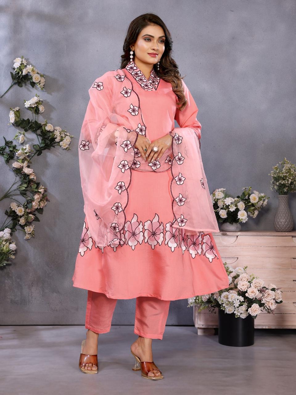 Peach floral embroidered suit set with dupatta