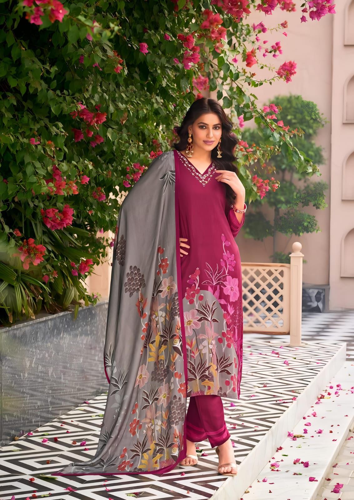 Wine Maroon cotton suit with grey floral printed dupatta