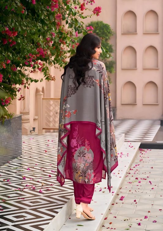 Wine Maroon cotton suit with grey floral printed dupatta