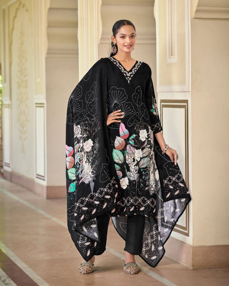 Black printed style suit with floral dupatta