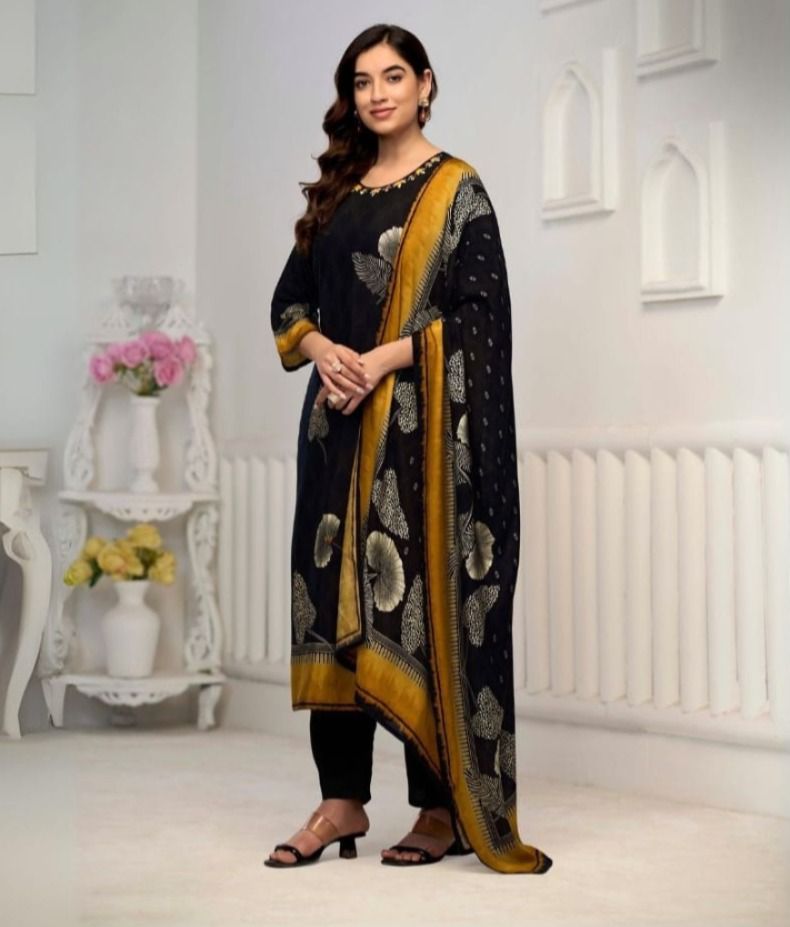 Elegant Black floral print suit with mustard bord
