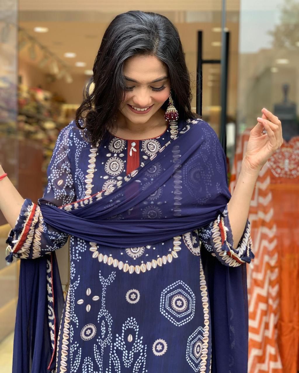 Navy blue bandhani print straight kurta suit set