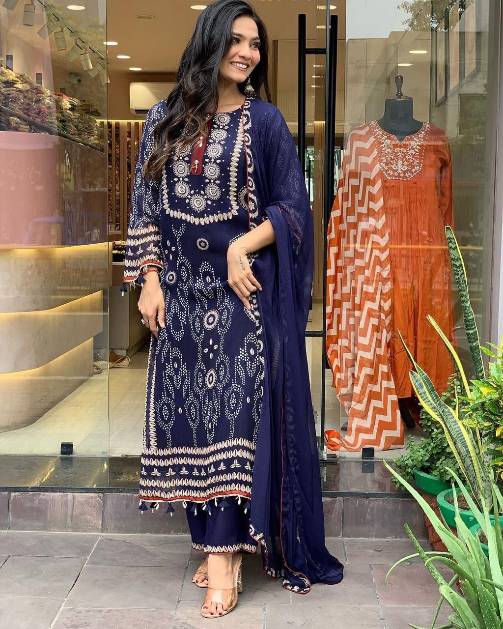 Navy blue bandhani print straight kurta suit set