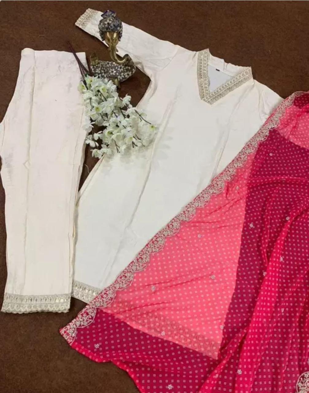 White Gota patti salwar suit with red bandhani