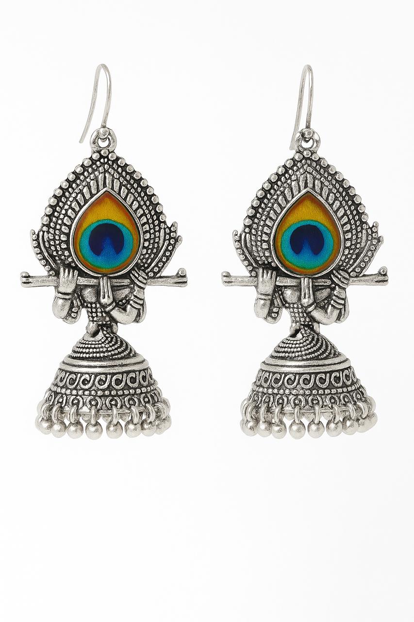 Oxidized Peacock Feather Flute Jhumka Earrings