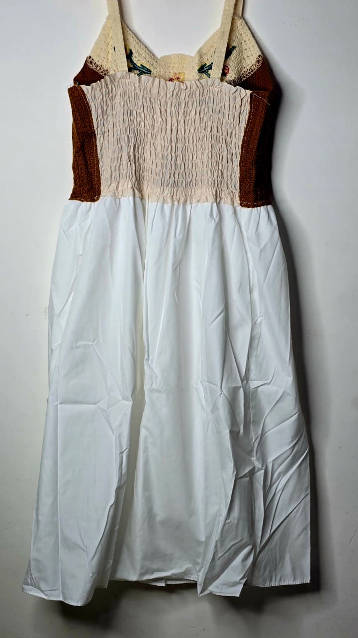 Vintage Boho Embroidered Sundress – White & Mustard