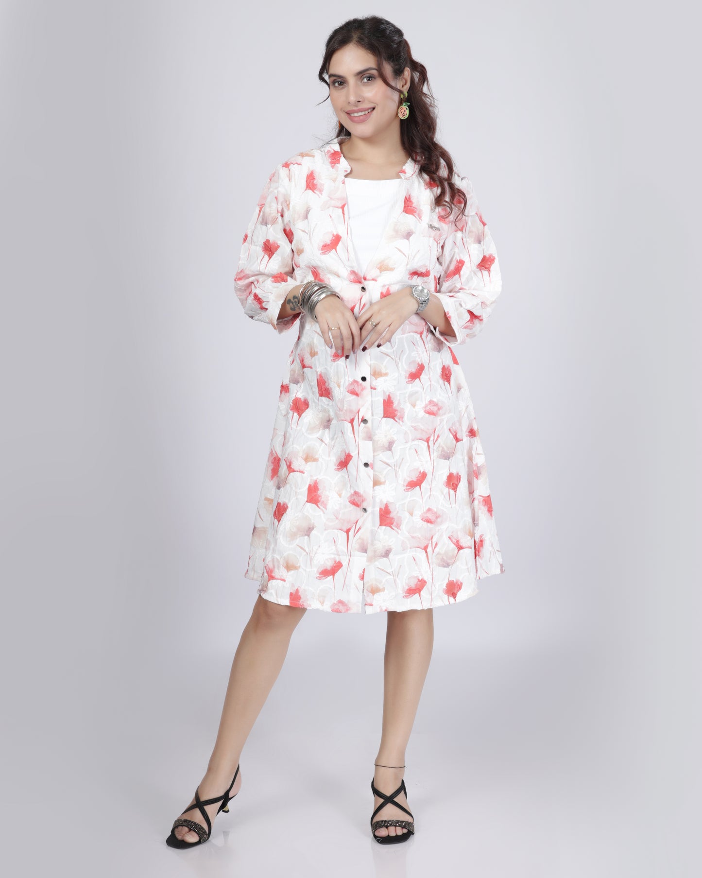 Floral Print Button-Down A-Line Dress with Belt