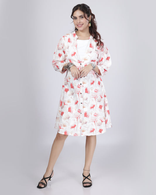 Floral Print Button-Down A-Line Dress with Belt