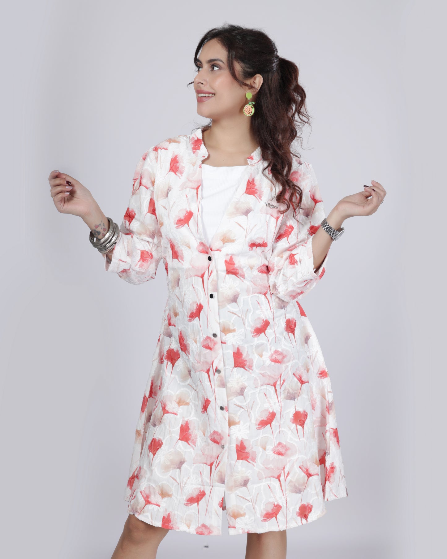 Floral Print Button-Down A-Line Dress with Belt