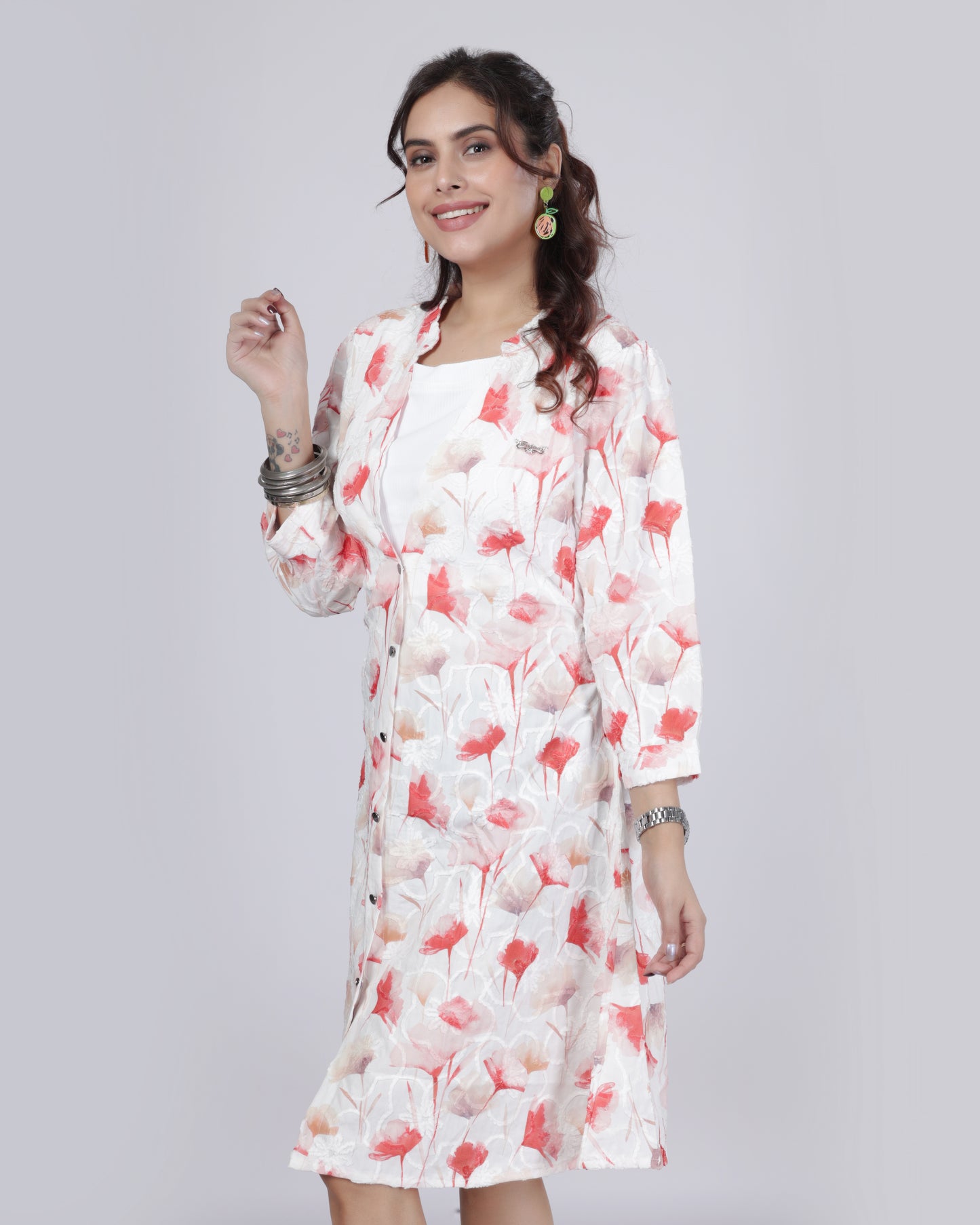 Floral Print Button-Down A-Line Dress with Belt