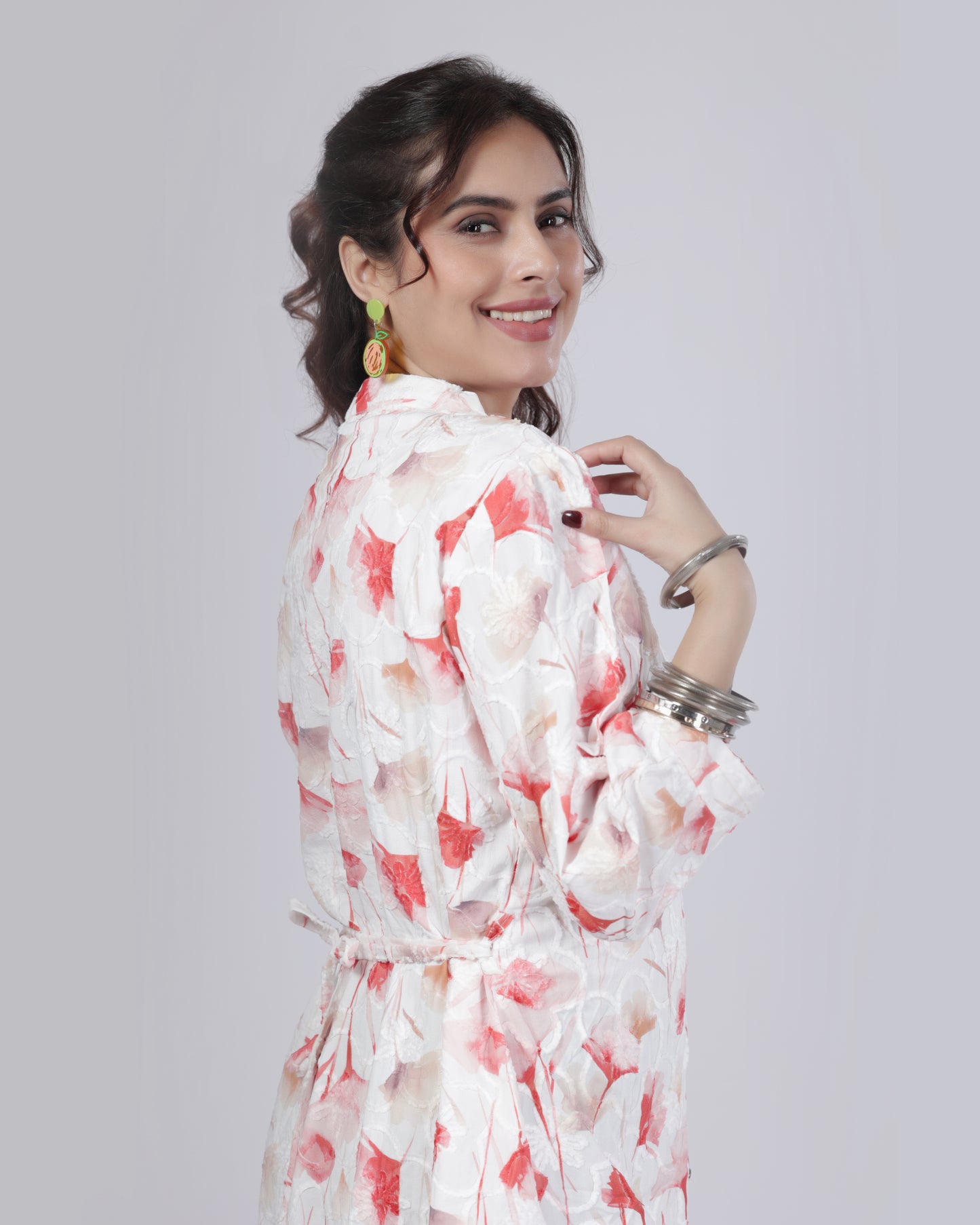 Floral Print Button-Down A-Line Dress with Belt