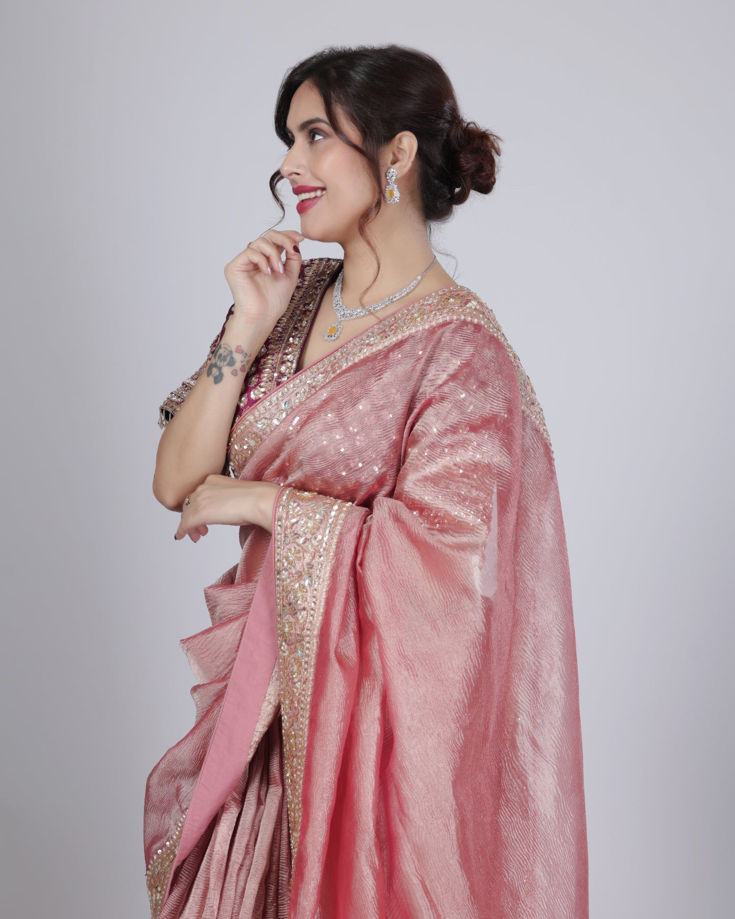 Blush Pink Designer Saree with Embellished Border & Contrast Blouse