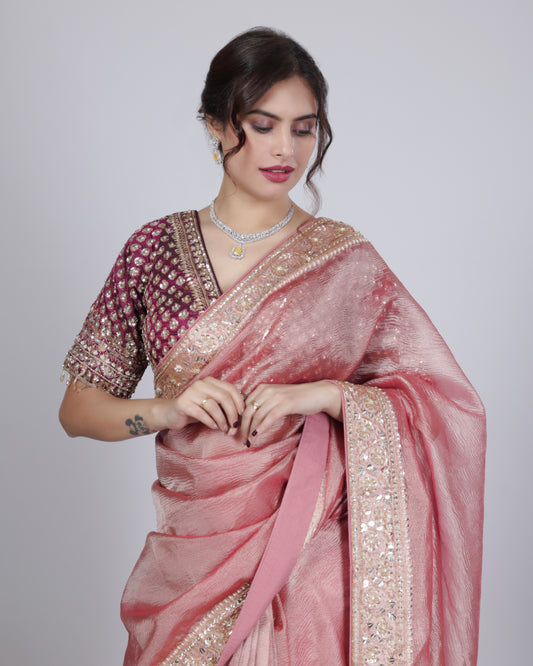 Blush Pink Designer Saree with Embellished Border & Contrast Blouse