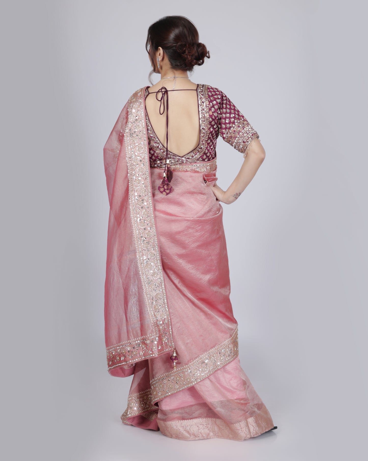 Blush Pink Designer Saree with Embellished Border & Contrast Blouse