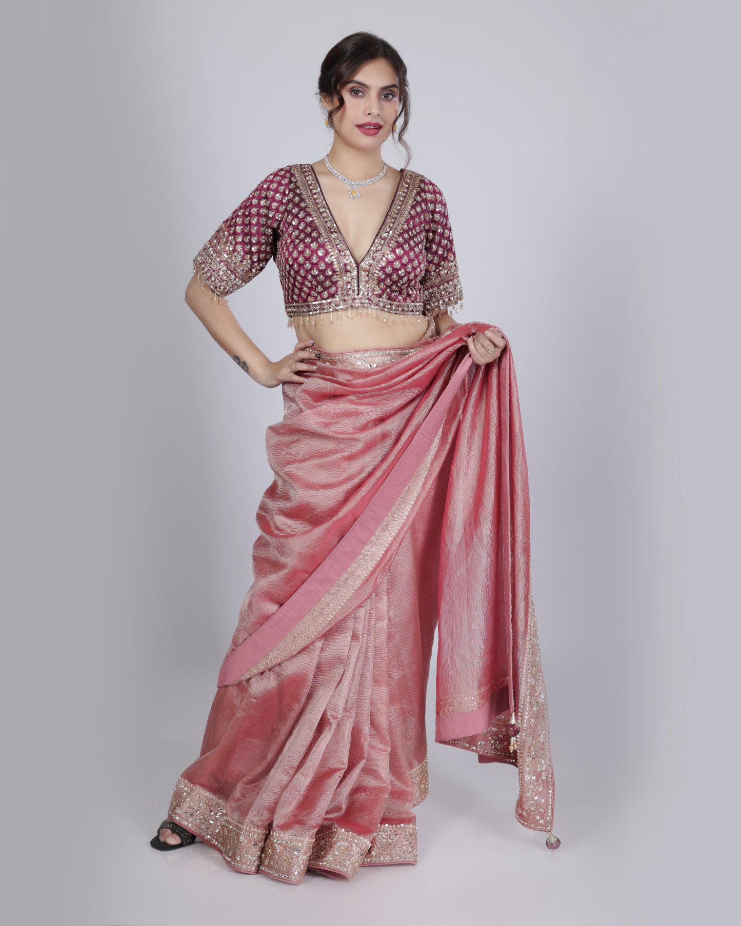 Blush Pink Designer Saree with Embellished Border & Contrast Blouse