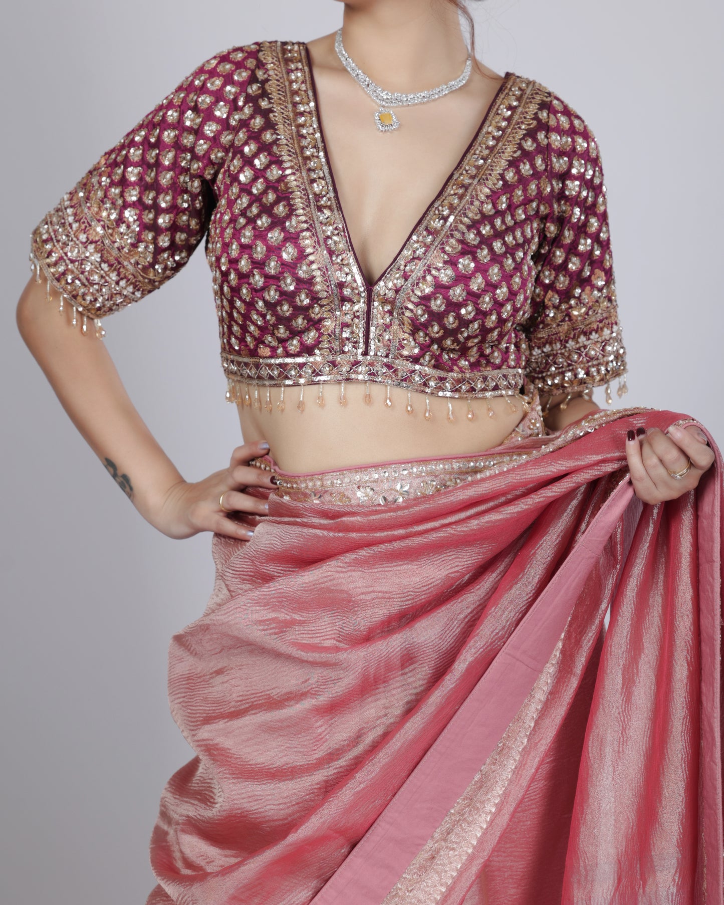 Blush Pink Designer Saree with Embellished Border & Contrast Blouse