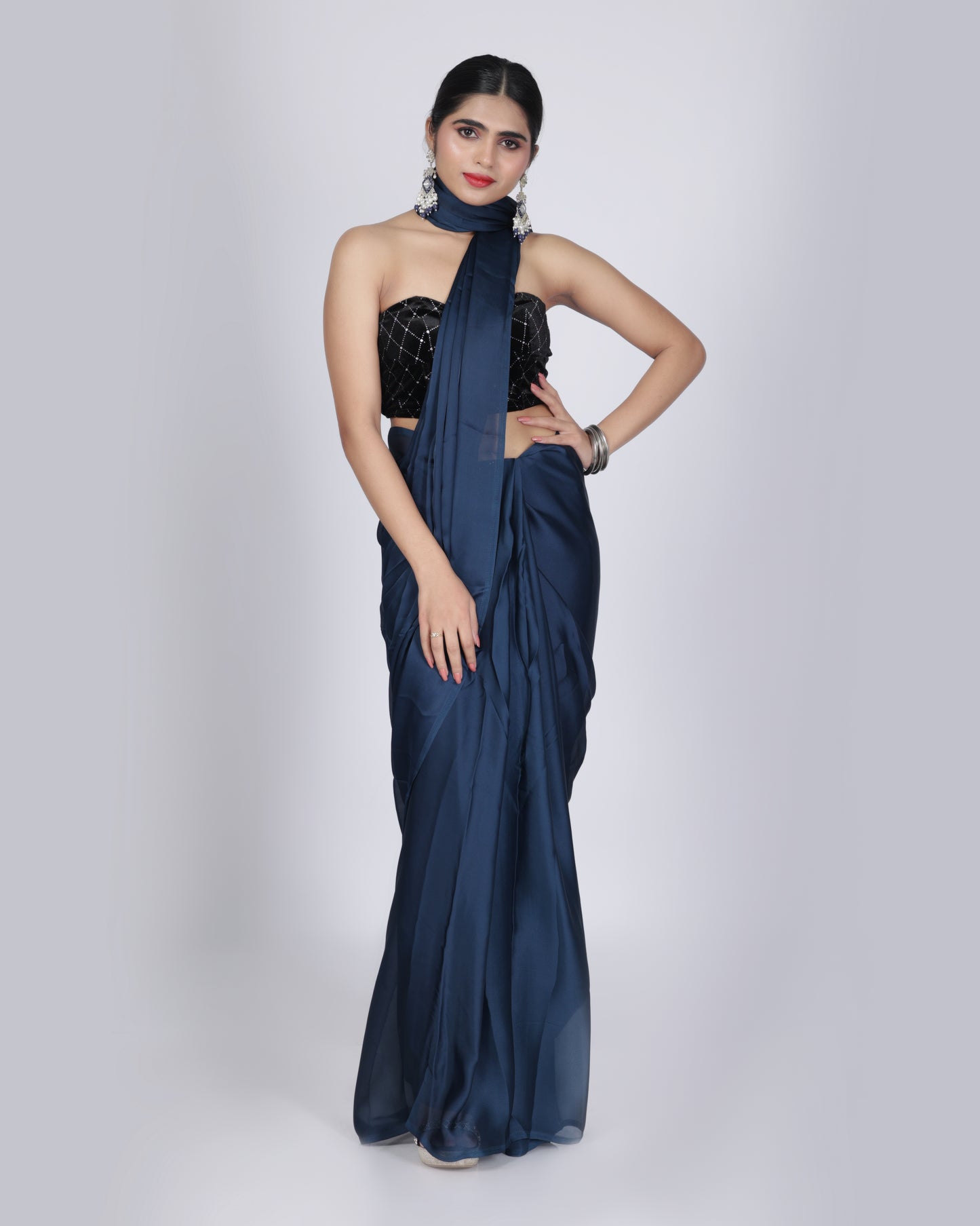 Navy Blue Contemporary Saree with Black Sequin Blouse