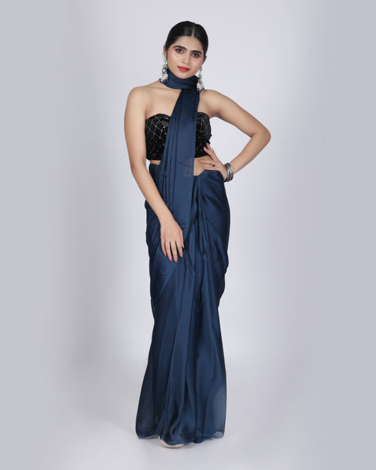 Navy Blue Contemporary Saree with Black Sequin Blouse