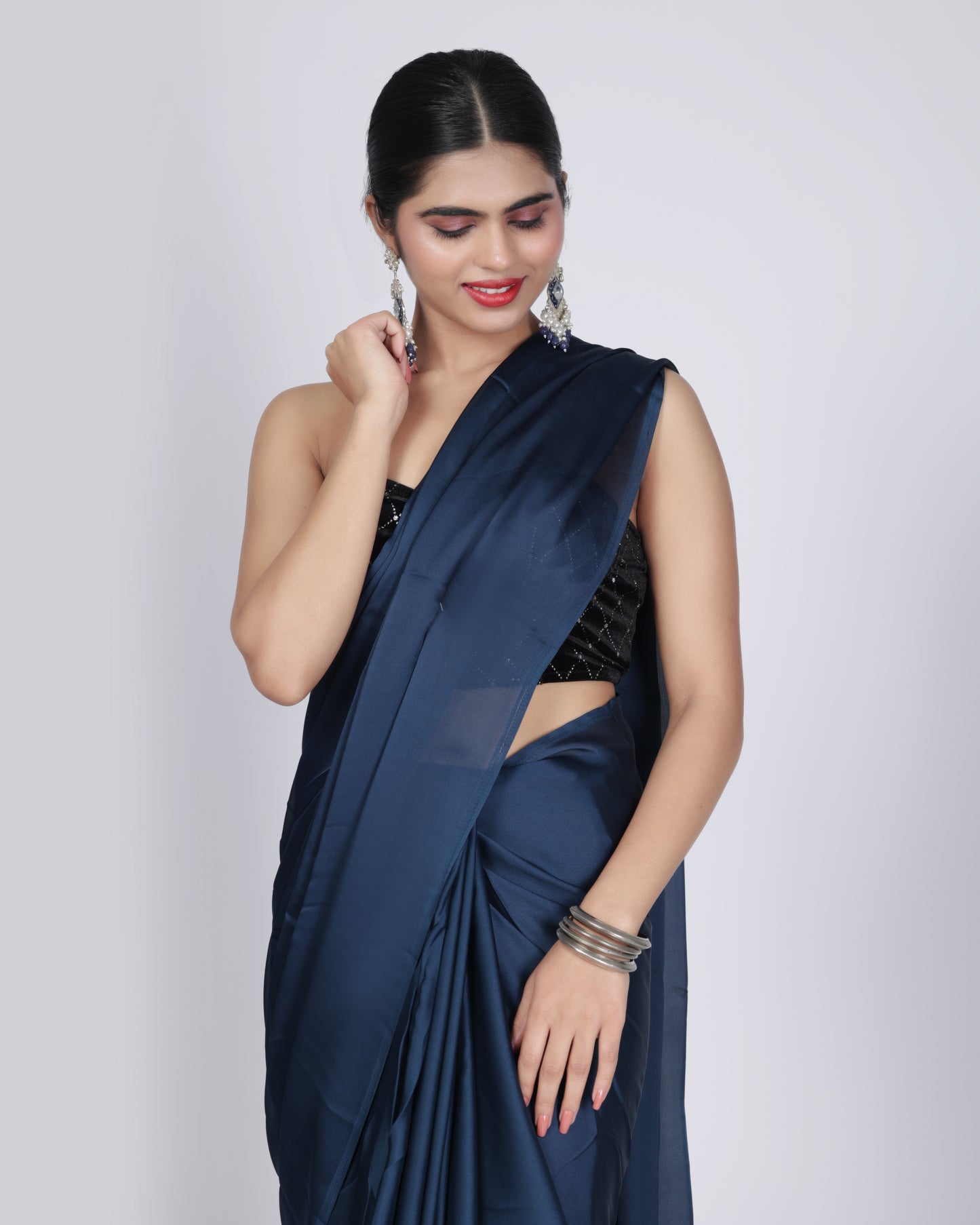 Navy Blue Contemporary Saree with Black Sequin Blouse