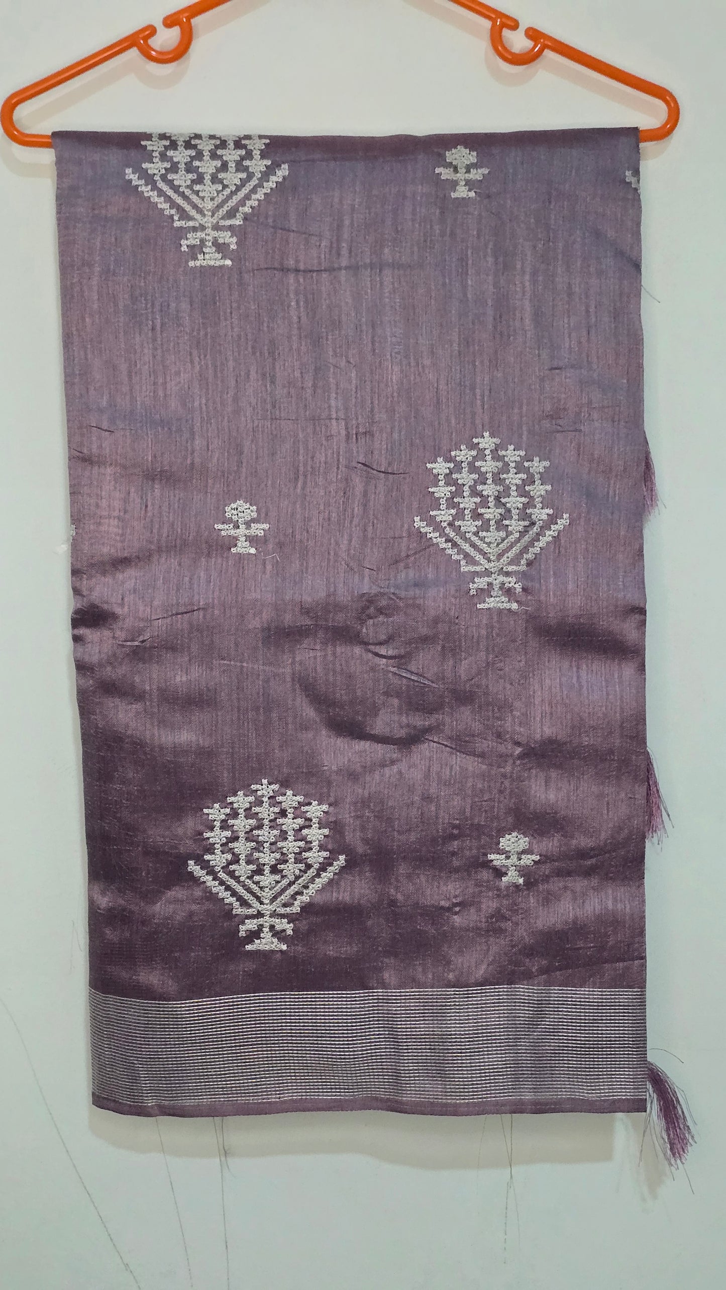 Mauve Silk Saree with Silver Zari Tree Motifs & Tassel Pallu