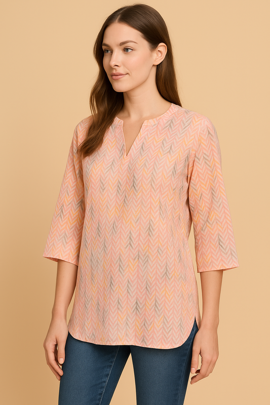 Peach Herringbone Print Cotton Tunic for Women | Lightweight Casual Top
