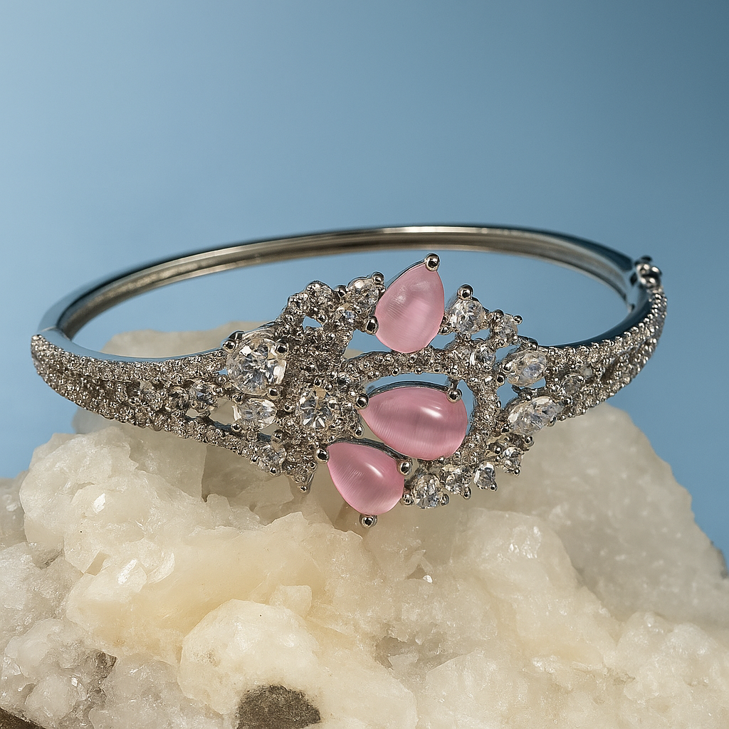 Silver Finish Pink Stone Floral Bracelet | Elegant Crystal Bangle for Women