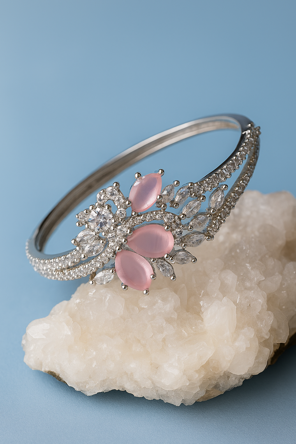 Silver Finish Pink Stone Floral Bracelet | Elegant Crystal Bangle for Women