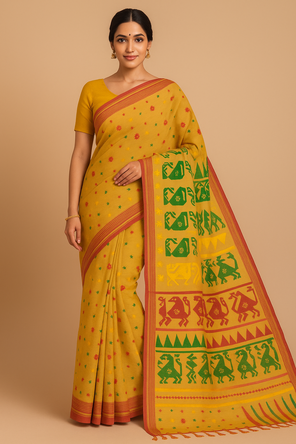 Traditional Handloom Cotton Saree – Mustard Yellow with Multicolor Thread Work