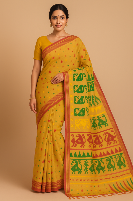 Traditional Handloom Cotton Saree – Mustard Yellow with Multicolor Thread Work