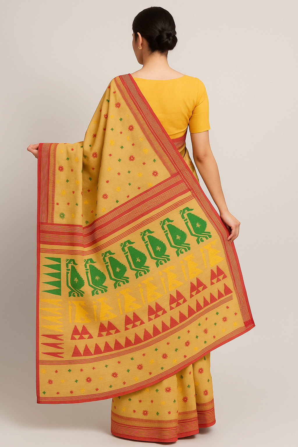 Traditional Handloom Cotton Saree – Mustard Yellow with Multicolor Thread Work
