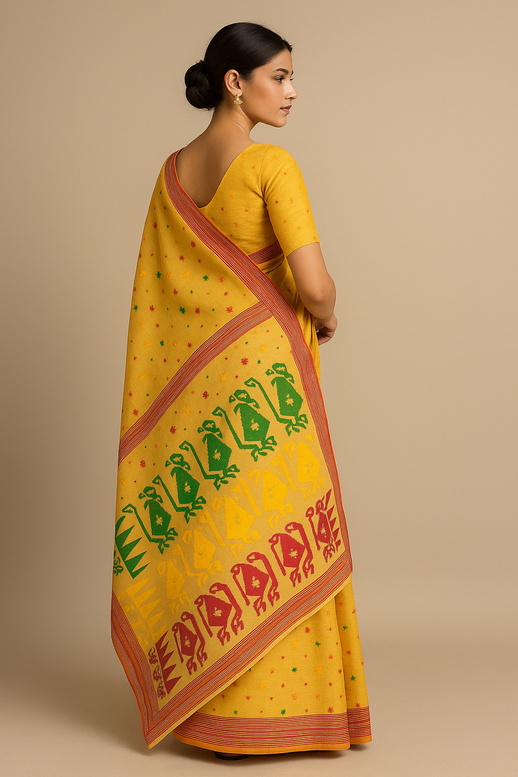Traditional Handloom Cotton Saree – Mustard Yellow with Multicolor Thread Work