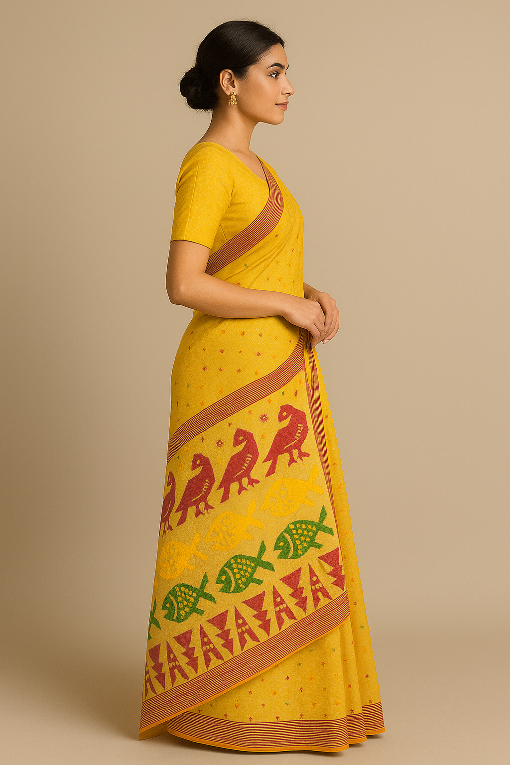 Traditional Handloom Cotton Saree – Mustard Yellow with Multicolor Thread Work