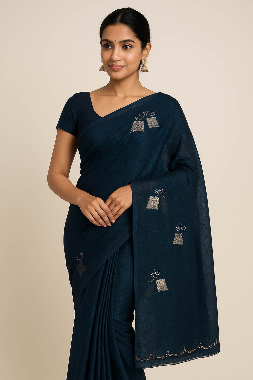 Elegant Embroidered Silk Saree with Subtle Metallic Detailing