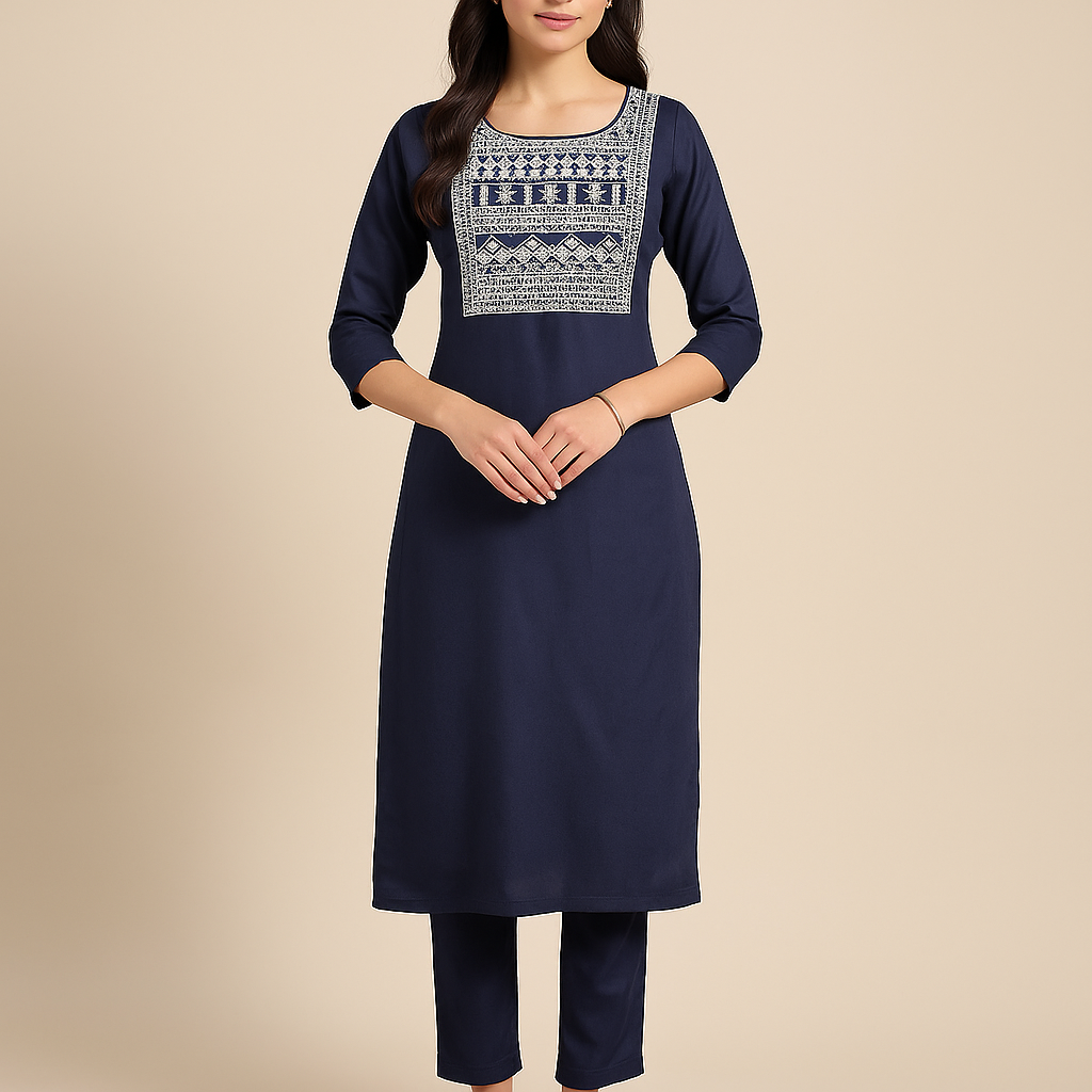 Elegant Embroidered Cotton Kurti with Handcrafted Yoke Design