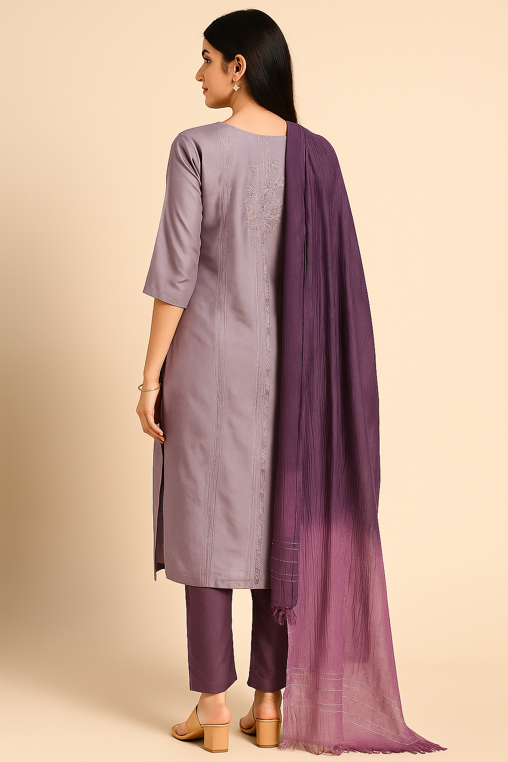 Graceful Lavender & Plum Embroidered Cotton Kurta Set with Dupatta