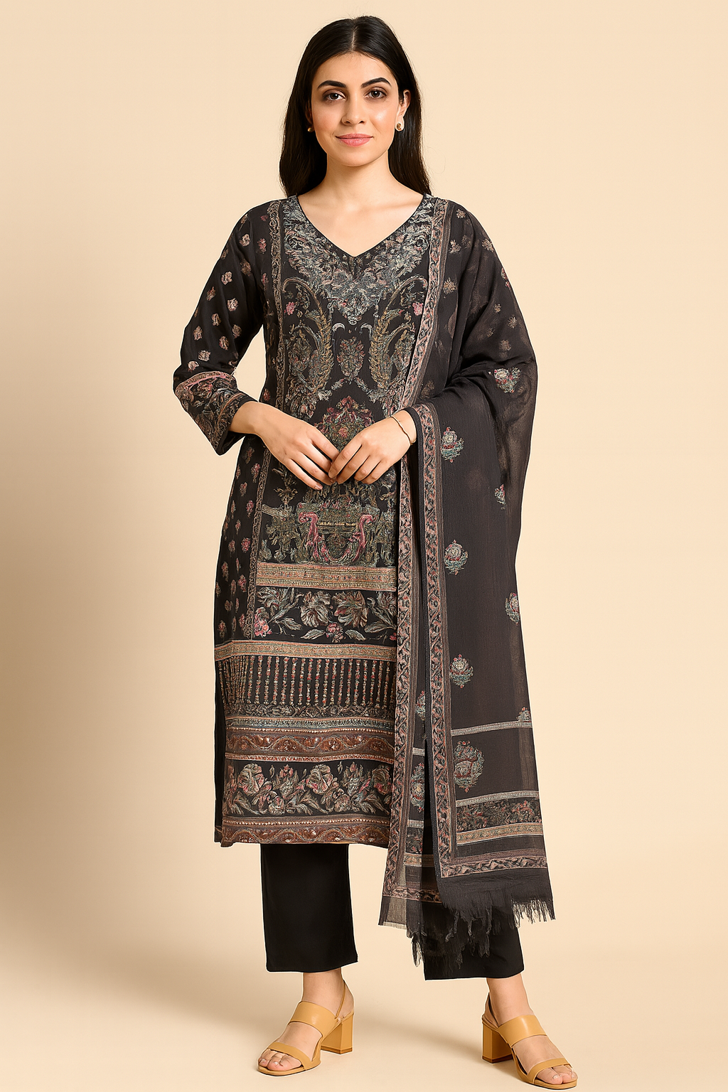 Elegant Black Printed Cotton Kurta Set with Dupatta